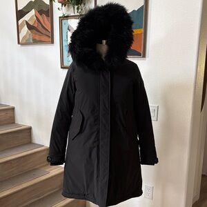 Woolrich Black Hooded coat with Fur Trim
